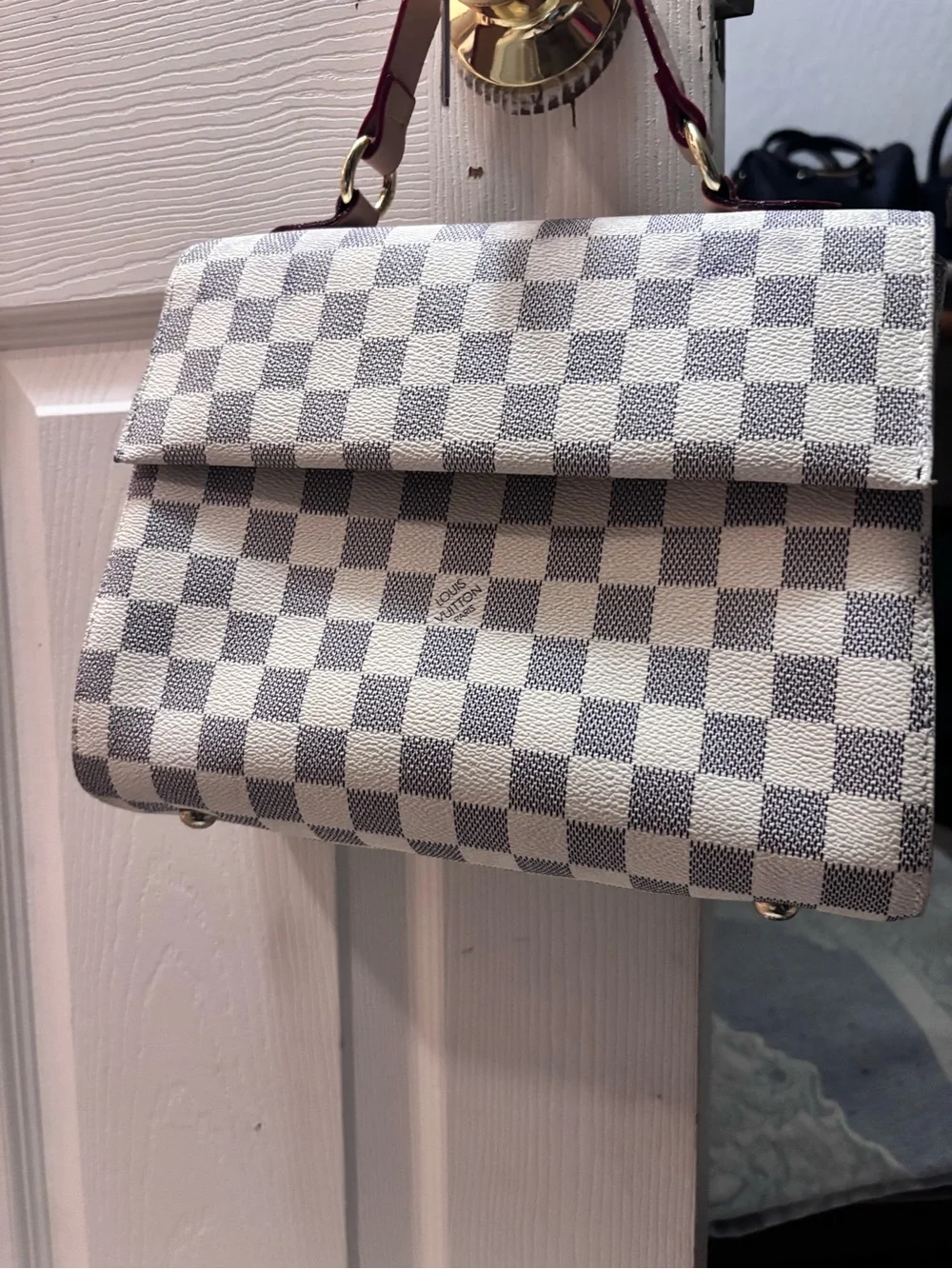 Inspired Damier Check Canvas Top Handle Bag in White/Gray by Louis Vuitton